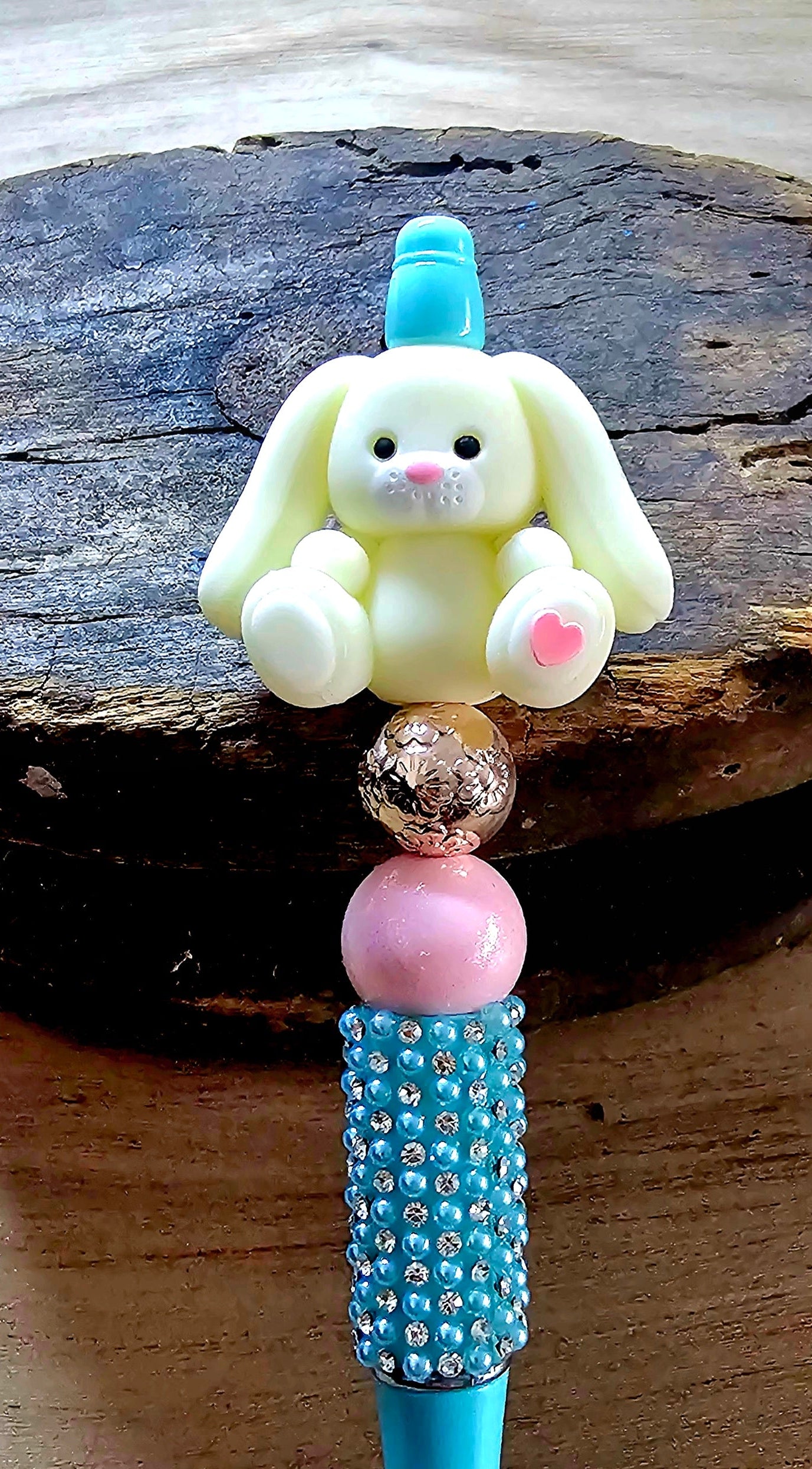 Pastel Yellow Bunny Beaded Pen with Blue Rhinestones | Easter Bunny Pen | Pink & Blue Silicone Bead Pen | Cute Spring Gift