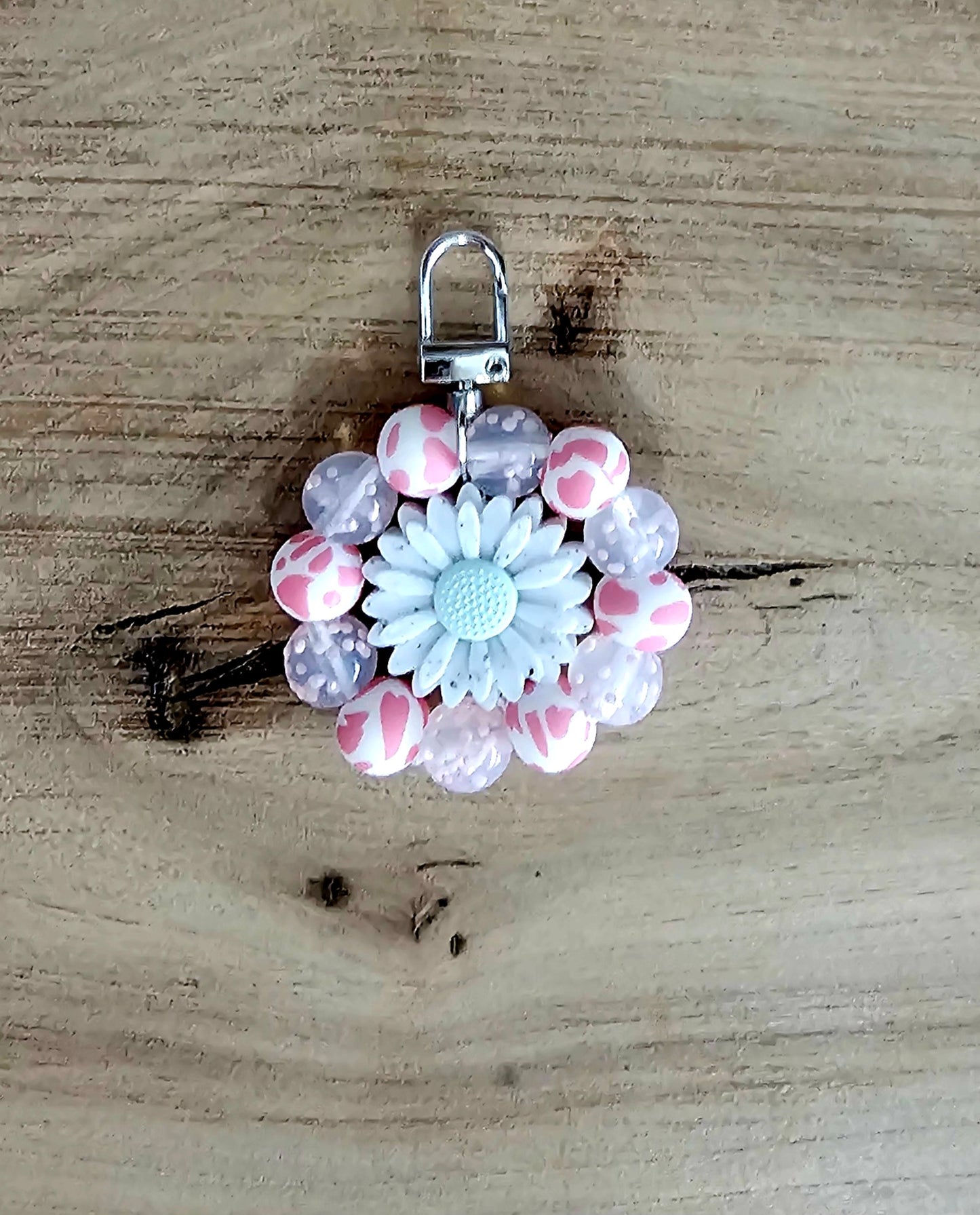 Pink Cow Print Daisy Beaded Round Bag Tag | Handmade Purse Charm | Backpack & Keychain Accessory