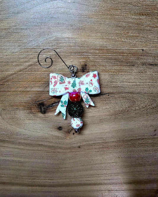 Christmas Bow Ornament | Handmade Beaded Holiday Ornament – Red & Green Gift Bow Decor