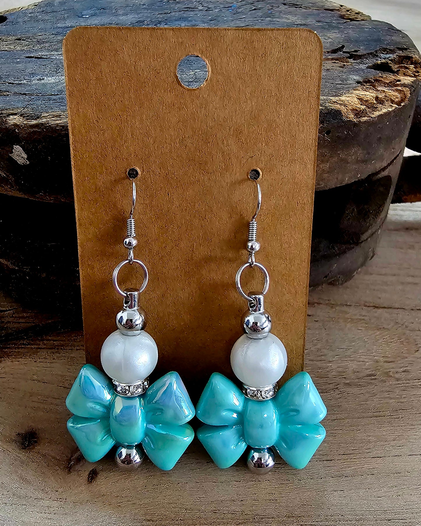 Teal Bow Beaded Earrings | Pearl & Bow Drop Earrings | Handmade Boutique Jewelry