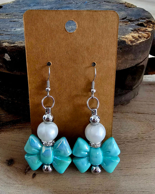 Teal Bow Beaded Earrings | Pearl & Bow Drop Earrings | Handmade Boutique Jewelry