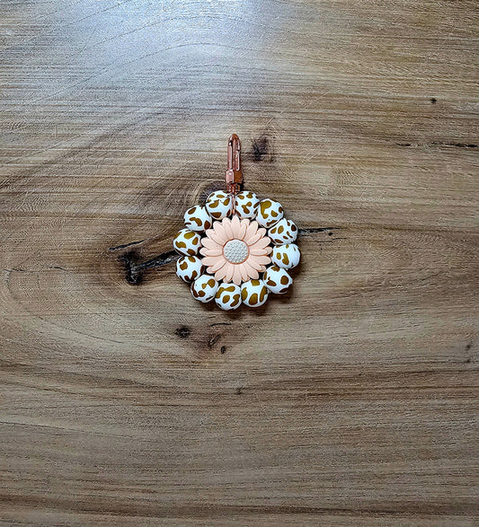 Brown Cow with Peach Daisy Round Keychain