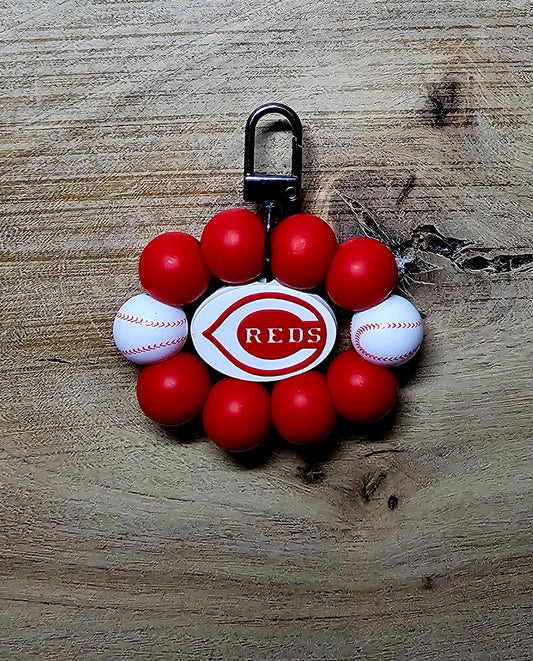 Red Baseball Inspired Beaded Keychain | Sports Fan Bag Tag | Handmade Beaded Wristlet Charm